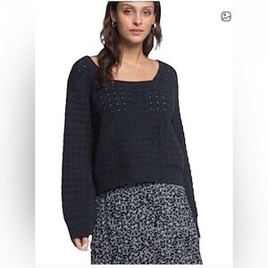 NWT ROXY Pointelle Birdy Day Square Neck Dropped Balloon Sleeve Sweater Black L